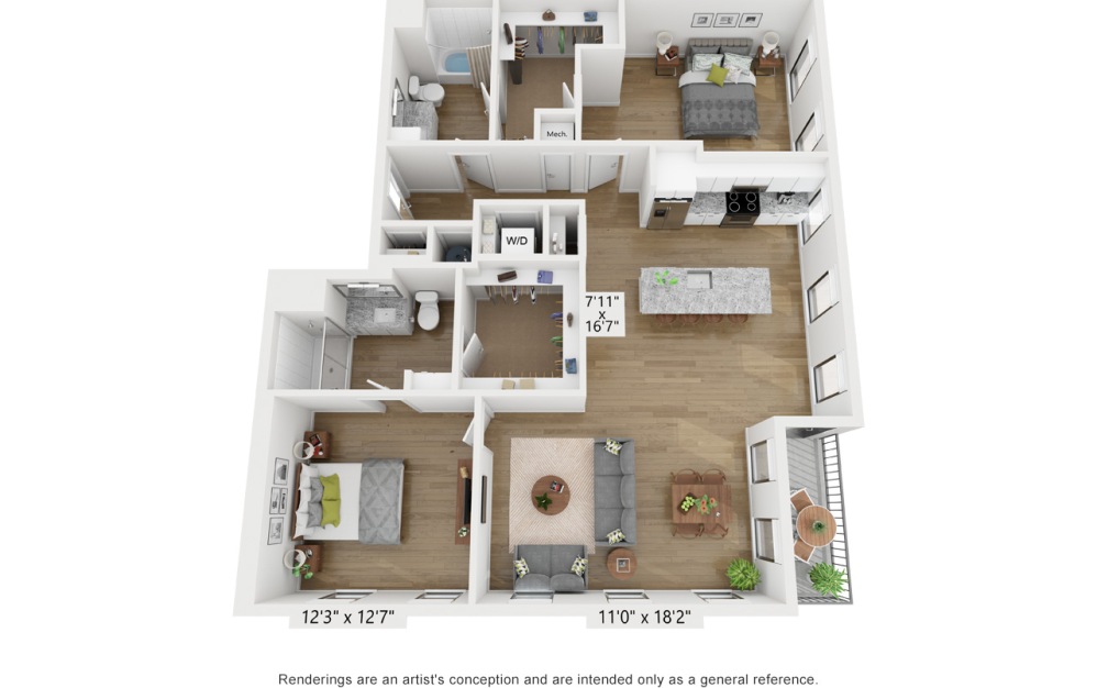 B3 - 2 bedroom floorplan layout with 2 bathrooms and 1420 square feet